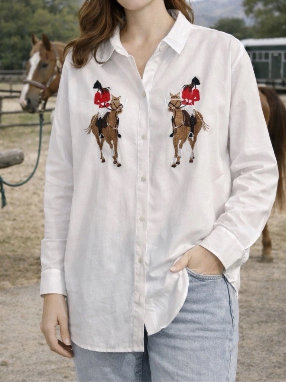 🐎🐴Womens button down XL white Embroidered Equestrian Horse shirt blouse